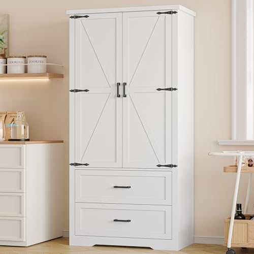 BORNOON Pantry Organizers and Storage Cabinet, 71” Barn Door White Kitchen Cabinet with Drawers and Adjustable Shelf, Tall Pantry for Kitchen, Dining Room, Living Room. Bathroom and Office by BORNOON