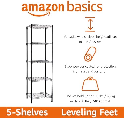 Amazon Basics 5-Shelf Tower Adjustable Storage Shelving Unit for Garage, Rust-Resistant Steel, 150 lbs Per Shelf, 16"W x 16"D x 54"H, Black - Image 2