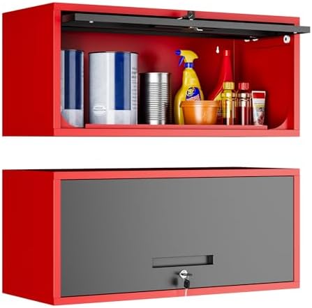 Yizosh Metal Wall Cabinet with Doors, Wall Mounted Storage Cabinet, Floating Tool Cabinet for Kitchen, Basement, Warehouse (Red Black, 13.7" H) by Yizosh