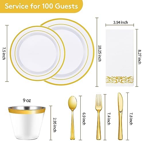 Goodluck 700 Piece Gold Dinnerware Set for 100 Guests, Disposable Plate Set - Image 4