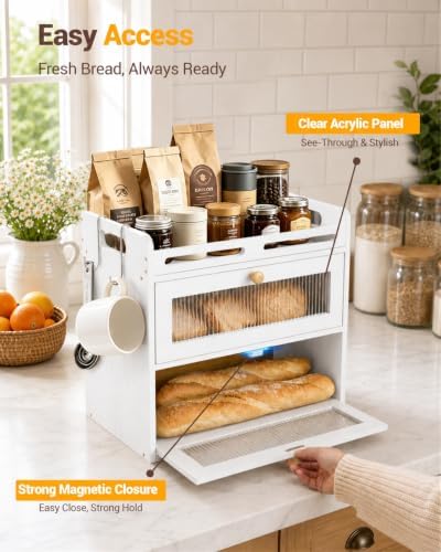 Bread Box for Kitchen Countertop, 2-Tier Bamboo Storage with Raised Shelf - Image 3