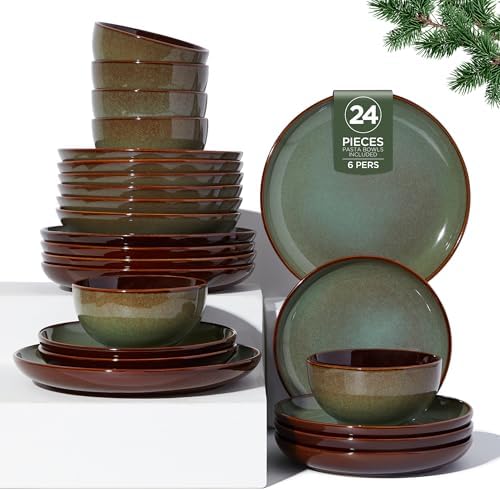 Pokini Ceramic Dinnerware Sets for 6, 24pcs Plates and Bowls Sets Dish Set by Pokini