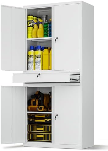 Metal Storage Cabinet,Tall File Cabinet with 2 Adjustable Shelves and Drawer,Lockable Steel Tool Cabinet for Home Office Garage School Warehouses by LISSIMO
