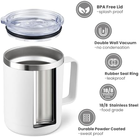 MEWAY 12oz Coffee Mug With Handle 8 Pack Bulk,Stainless Steel Insulated Travel Tumblers With Sliding Lid,Double Wall Vacuum Camping Cup for Hot & Cold Drinks Tea (White,Set of 8) - Image 2