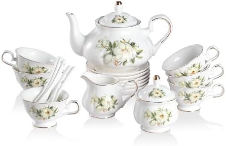 Sweejar Porcelain Tea Set Vintage Floral, British Relief Gold Rim Teapot Cup and Saucer Sets, 22-Piece Tea Sets for Adults, with Teapot, Sugar Bowl, Milk Jug, Spoons, Cup and Saucer (Camellia) by Sweejarco1949