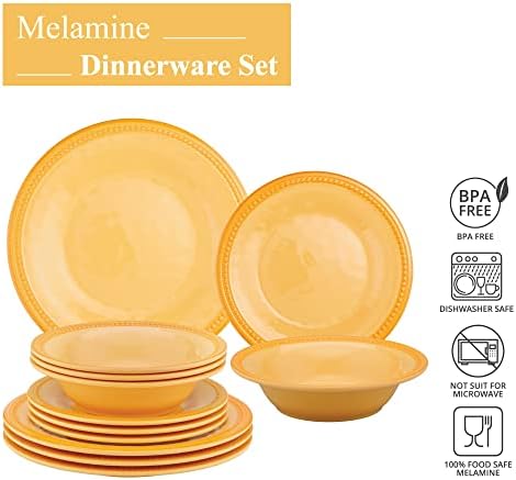 UPware 12 Piece Beaded Melamine Dinnerware Sets, Outdoor Dishes Set, Plates and Bowls Sets, Service for 4, Yellow - Image 4