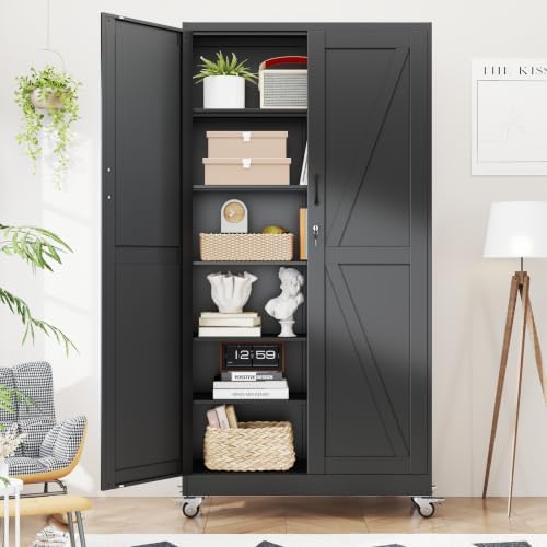 Metal Storage Cabinets with Wheels, Steel Tool Cabinets Lock Door and 5 Adjustable Shelves for Home Office, Garage, Kitchen (Black, 78.7" H) by Unknown
