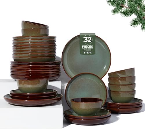 Pokini Ceramic Dinnerware Sets for 8, 32pcs Plates and Bowls Sets Dish Set by Pokini