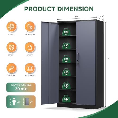Letaya Metal Storage Cabinets with Lock Door and 5 Adjustable Shelves, Steel Garage Tool Organization Cabinets for Home,Utility Room, Warehouse,Lockers(71"-Black Gray) - Image 3