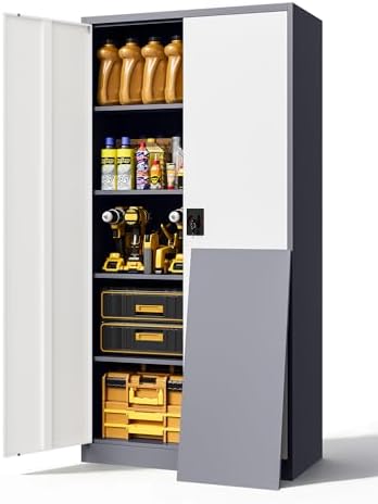 Metal Cabinet,Locking Storage Cabinet with 2 Doors and 5 Adjustbale Shelves,72" Tall Tool Steel Cabinets for Garage,Home Office,School,Gym(Grey & White) by LISSIMO