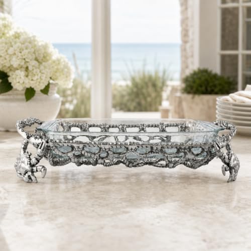 Arthur Court Crab and Net Casserole Dish Holder Ocean Pattern Aluminum 3 Quart with Glass Dish - Image 2
