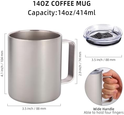 Volhoply 14oz Insulated Stainless Steel Coffee Mug with Leakproof Lid,Double Wall Vacuum Travel Coffee Cup with Handle,Reusable Metal Cups Tumbler,Camping Mugs Keep Hot,Ideal Gifts(Silver,1) - Image 2