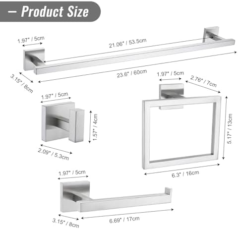 YACVCL Towel Bar Set, 10 Pieces Bathroom Hardware Set Brushed Nickel Bathroom Accessories, SUS304 Stainless Steel Towel Racks Holder Set Wall Mounted 23.6 Inch - Image 6