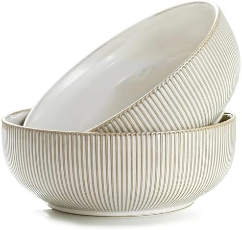 getstar Large Serving Bowls (9.5 inch & 92 fl oz), Ceramic Salad Bowl Set of 2, Microwave and Dishwasher Safe (Embossed Stripes) by Getstar