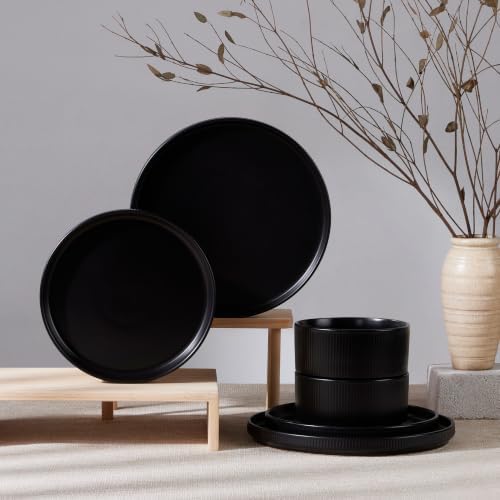 HaWare Dinnerware Sets, Plates and Bowls Set for 2, Matte Shadow Black by HaWare