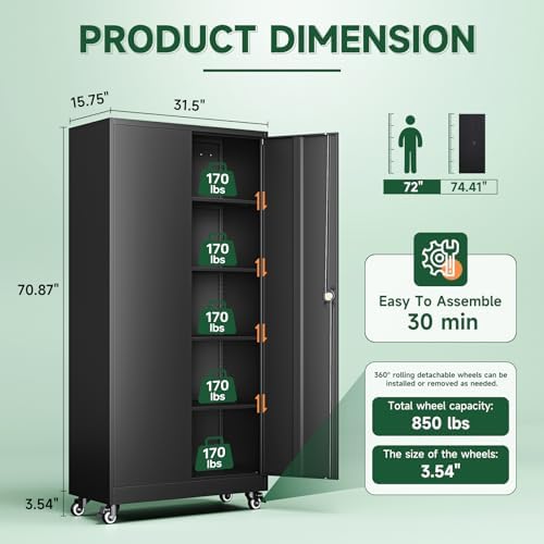 Letaya Metal Garage Storage Cabinets with Wheels,Steel Tool Cabinets Lock Door and Adjustable Shelves for Home,Office,Warehouse Organisieren (Black, 74.41" H) - Image 3