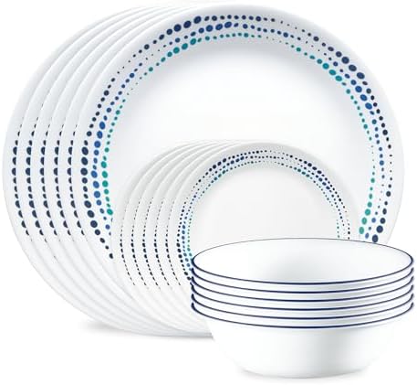 Corelle Vitrelle 18-Piece Service for 6 Dinnerware Set Triple Layer Glass and Chip Resistant, Lightweight Round Plates and Bowls Set, Ocean Blue by Corelle