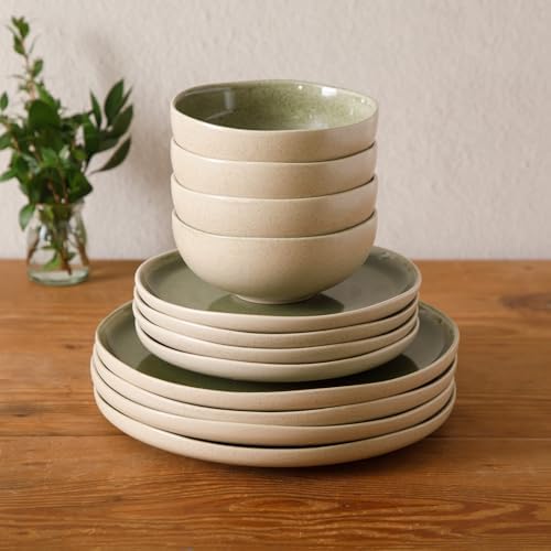 Gibson Elite Manila Bay 12-Piece Stoneware Dinnerware Set, Service for 4, Reactive Glaze Modern Artisan Plates, Bowls & Mugs, Green, Round Design - Image 6