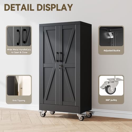 Metal Storage Cabinets with Wheels, Steel Tool Cabinets Lock Door and 3 Adjustable Shelves for Home Office, Garage, Kitchen (Black, 47.2" H) - Image 3