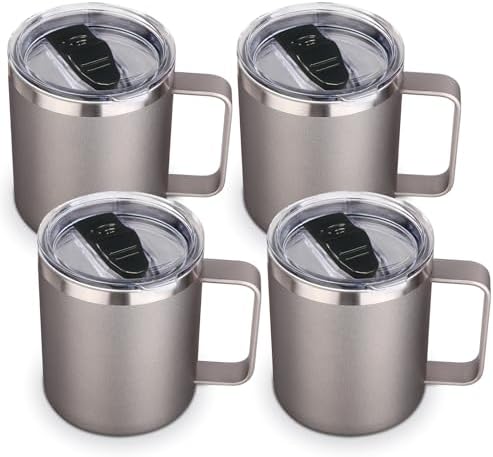 Volhoply 14oz Insulated Stainless Steel Coffee Mug with Lid Bulk 4 Pack,Double Wall Vacuum Travel Coffee Cup with Handle,Reusable Cups Tumbler Cup,Camping Mugs Keep Hot,Ideal Gifts(Gray,4 Set) by LiveFully%EF%BC%8CDrinkFreely%E2%80%94KeepGoingwithVolhoply%EF%BC%81
