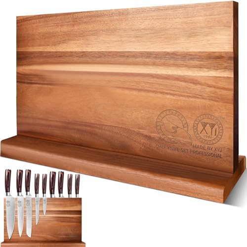XYJ Extra Large Magnetic Knife Block Acacia Wood Knife Set Holder Stand With Stronge Magnetic Strip Kitchen Knives Storage Rack Organizer Tools No Drilling by XYJ