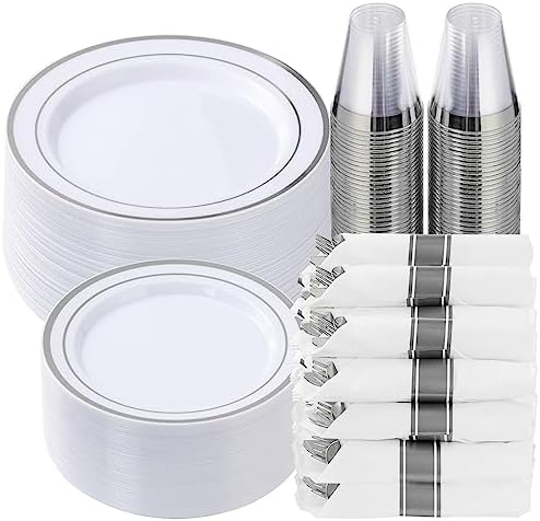 Goodluck 350 Piece Silver Plastic Dinnerware Set for 50 Guests by GoodLuck