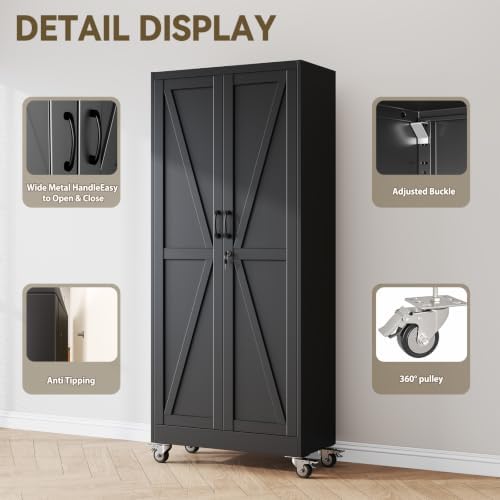 Metal Storage Cabinets with Wheels, Steel Tool Cabinets Lock Door and 4 Adjustable Shelves for Home Office, Garage, Kitchen (Black, 70.9" H) - Image 3