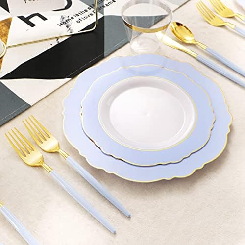 WDF 150pieces Baby Blue Plastic Plates with Gold Rim - Disposable Gold Plastic Silverware With Blue Handle-Baroque Light Blue&Gold Disposable Plates Dinnerware for Wedding/Party (Pack of 2) - Image 4