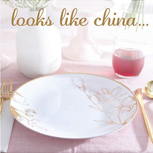 [10'' Plates 10 Count] White Plastic Floral Design Party Dinner Plates With Gold Rim Premium heavyweight Elegant Disposable Tableware Dishes - Image 4
