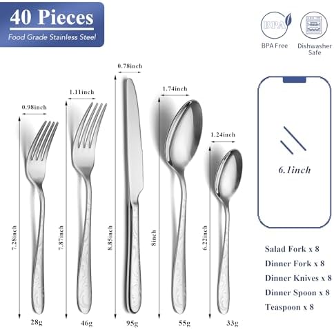 40 Piece Silverware Set Service for 8, EIUBUIE Premium Stainless Steel Cutlery Set, Mirror Polished Flatware Sets with Pattern Handle, Modern Kitchen Eating Utensils Sets Include Spoons Forks Knives - Image 2