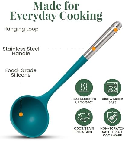 Larder & Vine 12-Piece Silicone Kitchen Cooking Utensils Set with Stainless Steel Handle and Ceramic Holder, Dishwasher Safe Set of Kitchen Essentials (Bondi) - Image 4
