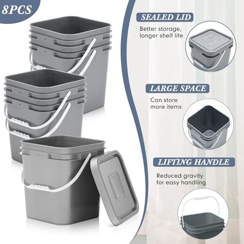 Mumufy 8 Pcs 3.5 Gallon Square Food Grade Bucket with Lid, Gray - Image 3