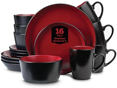 Stone Lain Albie Stoneware 16 Piece Modern Dinnerware Set, Kitchen Plates and Bowls Sets, Service for 4, Red and Black, Microwave & Dishwasher Safe by Unknown