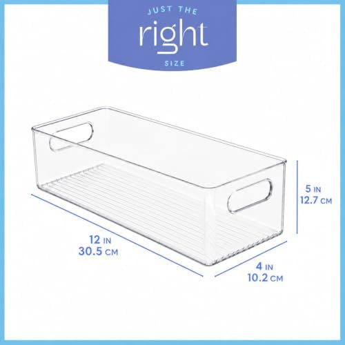 Plastic Food Storage 4 Pack Clear Container Bin with Handles for Organizing Kitchen, Pantry, Refrigerator, Freezer, Pantry, Cabinet, Closet, Bathroom. 12”x4”x5” - Image 3