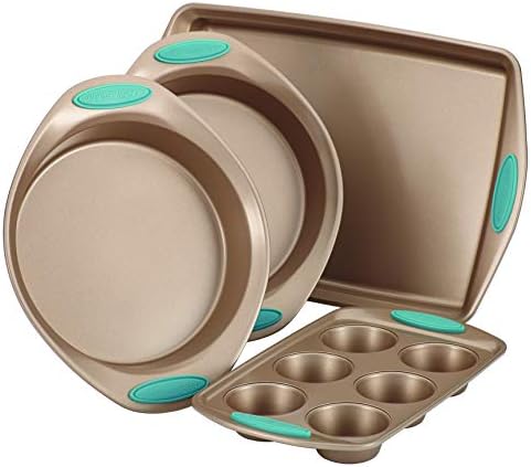 Rachael Ray Cucina Bakeware Set Includes Nonstick Cake Cookie Baking Sheet and Muffin Cupcake Pan, 4 Piece, Latte Brown with Agave Blue Grips by RachaelRayKitchenware