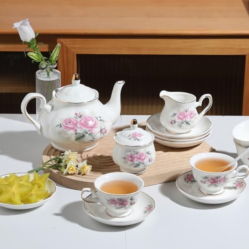 Sweejar Porcelain Tea Set Vintage Floral, British Relief Gold Rim Teapot Cup and Saucer Sets, 22-Piece Tea Sets for Adults, with Teapot, Sugar Bowl, Milk Jug, Spoons, Cup and Saucer (Pink Flower) - Image 5