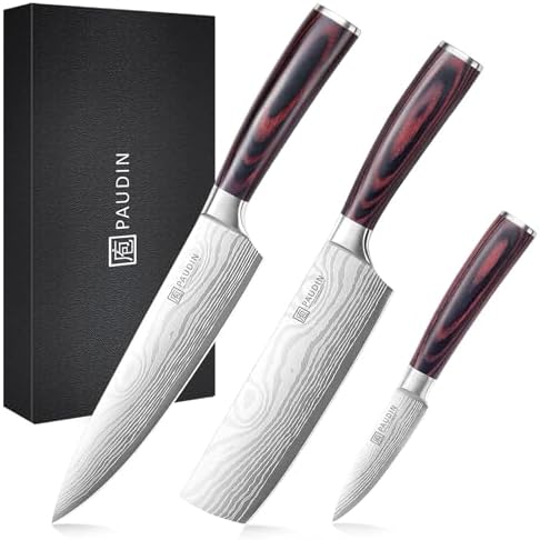 PAUDIN Kitchen Knife Set, 3 Piece High Carbon Stainless Steel Professional Chef Knife Set with Ultra Sharp Blade & Wooden Handle (Kitchen Knife Set 3 Pcs) by PAUDIN