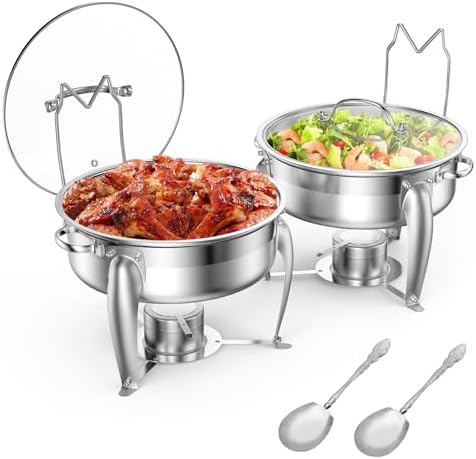 6 QT Chafing Dish Buffet Set with Serving Spoons, 2 Packs Stainless Steel Round Chafing Dishes with Glass Lid & Lid Holder, Food Warmers for Parties Buffet Weddings Catering Events by BriSunshine