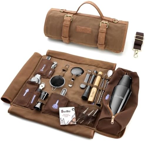 Barillio Bartender Kit Bag with Black Cocktail Shaker Set - Waxed Canvas, Traveling Bar Tools Bag with 17-Pc Cocktail Kit - Travel Mixology Bartending Kits - Mobile Bar Roll with Strap & Accessories by Barillio