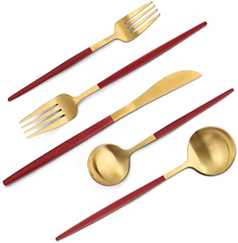 VANVRO Matte Red Gold Silverware Set, 20-Piece Stainless Steel Flatware Set, Satin Finish tableware Cutlery Set, Service for 4, Home and Restaurant, Dishwasher Safe by VANVRO