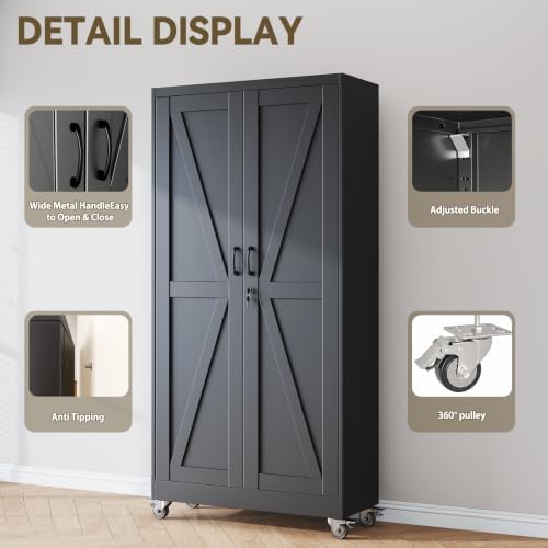 Metal Storage Cabinets with Wheels, Steel Tool Cabinets Lock Door and 5 Adjustable Shelves for Home Office, Garage, Kitchen (Black, 73.6" H) - Image 3