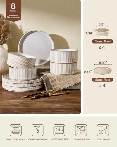 Ceramic Dinnerware Sets for 4, 8-Piece Deep Salad Plates and Cereal Bowls - Image 2