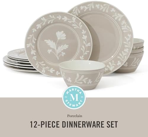 Martha Stewart Dinnerware Set - Maiden Crown 12-Piece Dish Set, Taupe – New Bone China Ceramic Plates & Bowls – Floral Design – Service for 4 – Microwave & Dishwasher Safe - Image 2