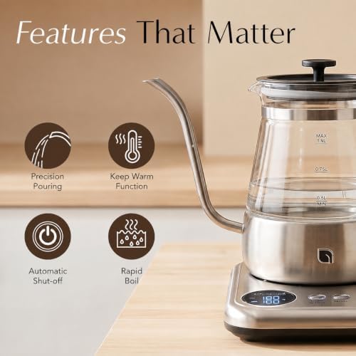 WILLOW Glass Gooseneck Electric Kettle, 5 Temperature Control Presets & Keep Warm, Pour Over Kettle for Coffee & Tea, 1L 1200W Hot Water Boiler, Non-Toxic BPA-Free Electric Tea Kettle, LED Display - Image 3