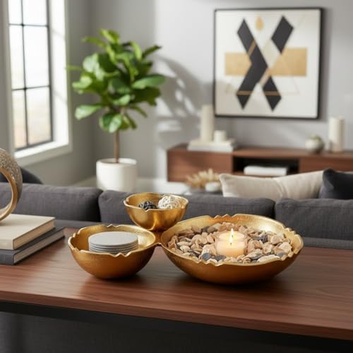 3 Cluster Decorative Bowls Bright Gold Brass Snack Tray Bowl Chip & Dip Serving Piece Strong Centerpiece Beautiful Room Accent & Entertaining Parties Home Decor Wedding Gifts 14.6 Inch Decorative Gift - Image 6