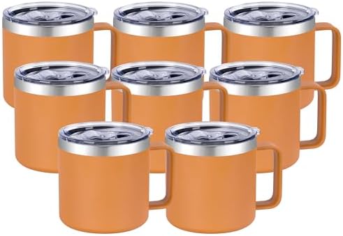 VEGOND 14 oz Insulated Coffee Mug Bulk with Handle, Stainless Steel Travel Coffee Mug with Lid, Double Wall Vacuum Metal Coffee Cup, Coffee Tumbler Powder Coated, Orange 8 Pack by VEGOND