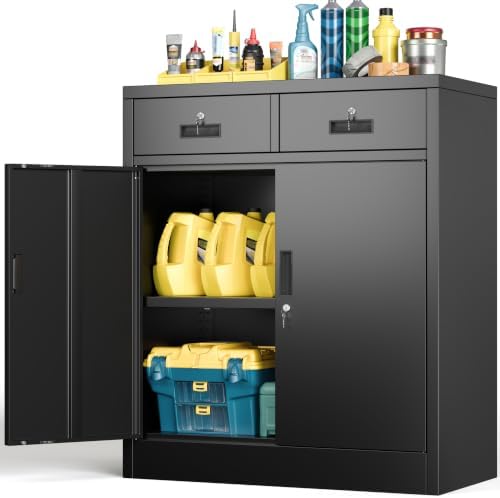 BESFUR Metal Storage Cabinet with Doors and Shelves, 36" H Locking Storage Cabinet with 2 Drawers, Reinforced Heavy Duty Metal Cabinets for Garage, Office, Home(Black) by BESFUR