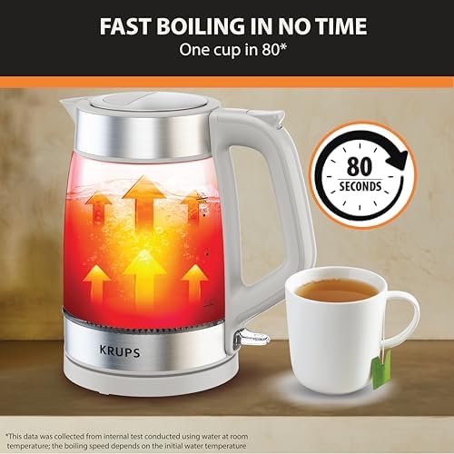 KRUPS Electric Kettle, 1.8-Qt (1.7L) Tea Kettle, 1500W with LED indicator, Hot Water Boiler, Auto Shut-off, Rapid 80-Second Cup Boiling, Safe Boil-dry Protection, Water Heater, Glass Carafe, Grey - Image 2