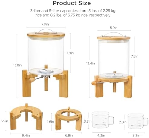 HBlife Glass Rice Dispenser with Wooden Stand Flour and Cereal Container with Glass Measuring Cup Pantry Food Organization Storage Bin with Airtight Bamboo Lid, 3L+5L - Image 2