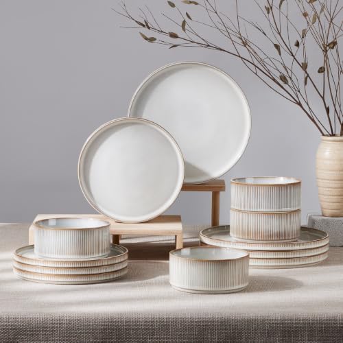 HaWare Dinnerware Sets, Plates and Bowls Set for 4, Reactive Dawn Beige by HaWare